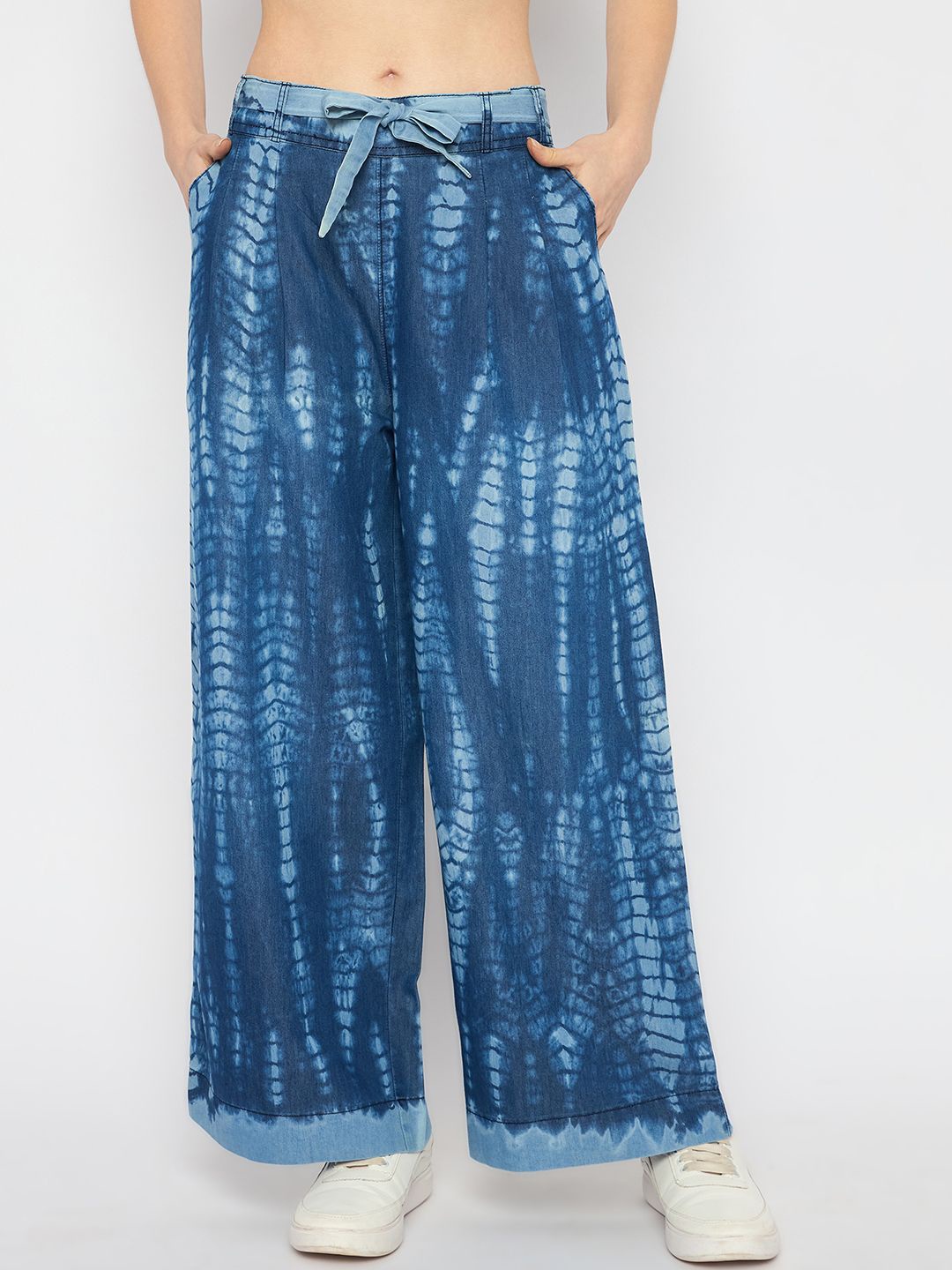 

Novio Women Tie and Dye Printed Flared Cotton Palazzos, Blue