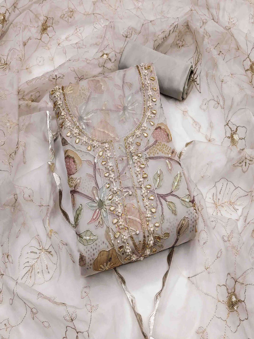 

KIMISHA Floral Embellished Unstitched Dress Material, Grey