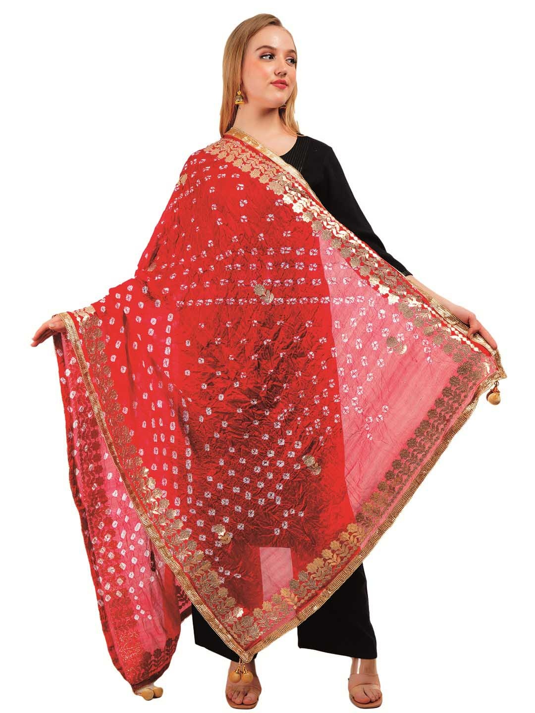 

Way2Like Bandhani Printed Gota Patti Rajasthani Silk Scarf Hijab Dupatta, Red