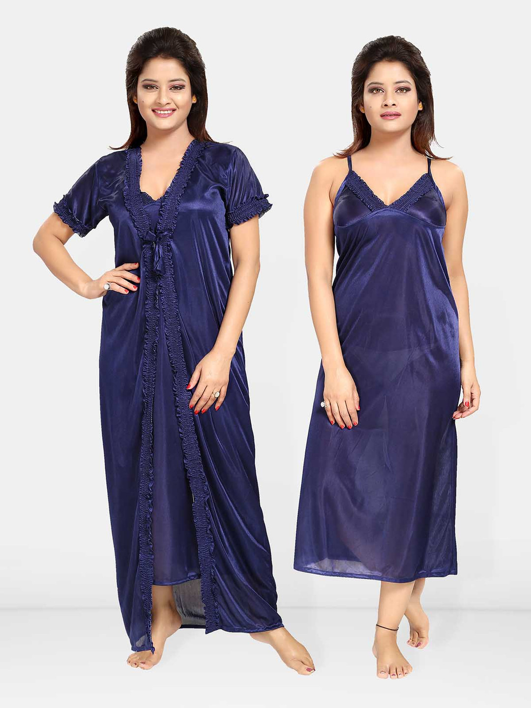 

Be You Women Satin Shoulder Straps Maxi Wrap Nightdress with Robe, Blue