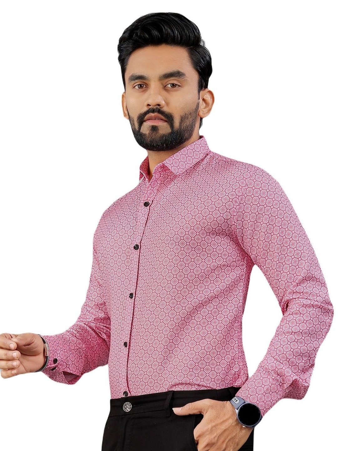 

KHUSHI CREATION Men Original Slim Fit Spread Collar Floral Printed Cotton Formal Shirt, Pink