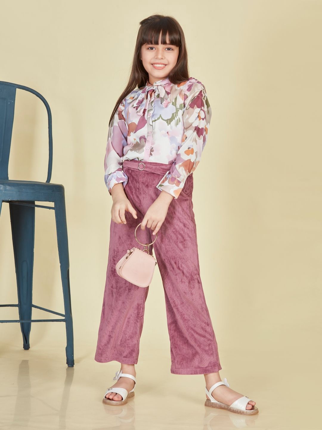 

Peppermint Girls Printed Shirt Collar Shirt With Trouser, Purple