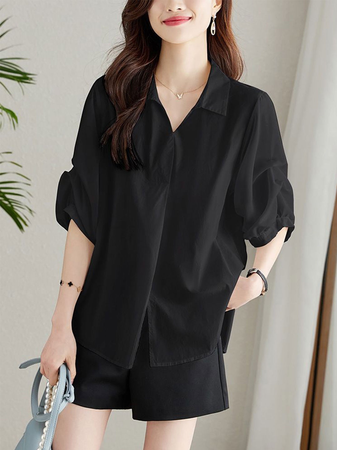 

StyleCast Women Solid Spread Collar Cotton Casual Shirt, Black