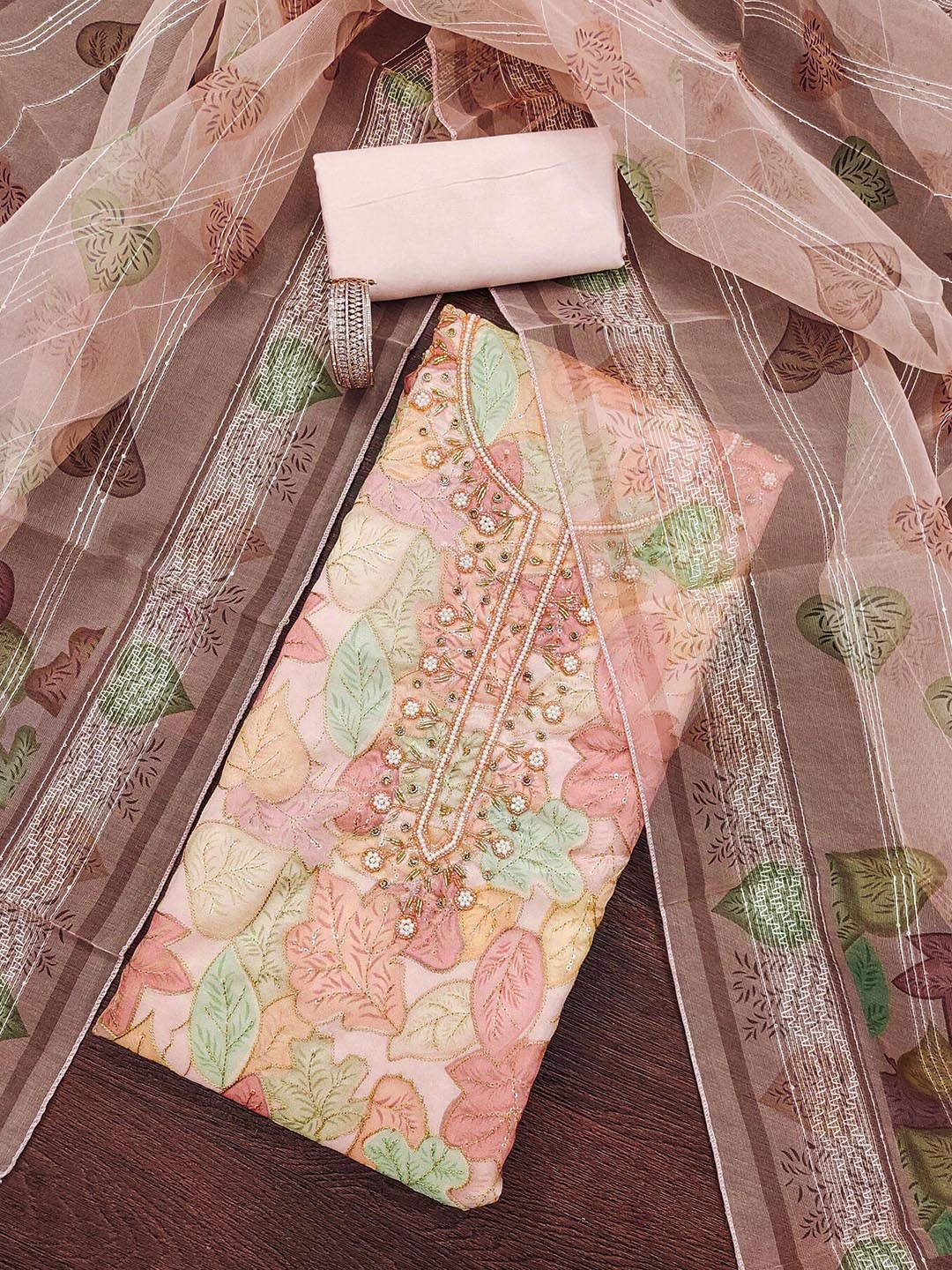 

HERE&NOW Floral Embroidered Sequinned Organza Unstitched Dress Material, Peach