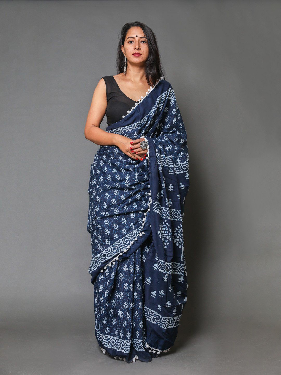 

Craft Musium Floral Pure Cotton Bagru Saree, Blue