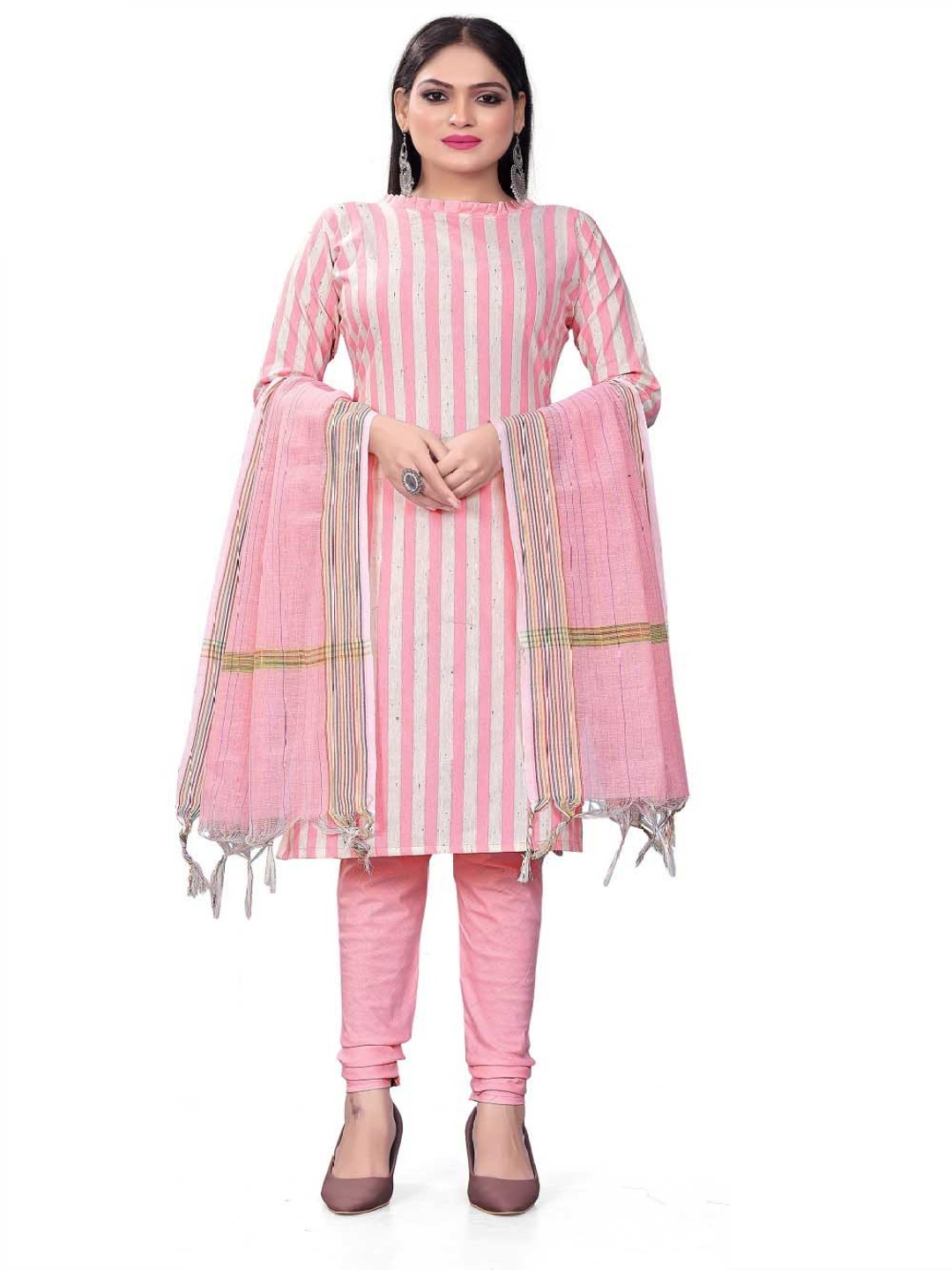 

Aika Striped Pure Cotton Unstitched Dress Material, Pink
