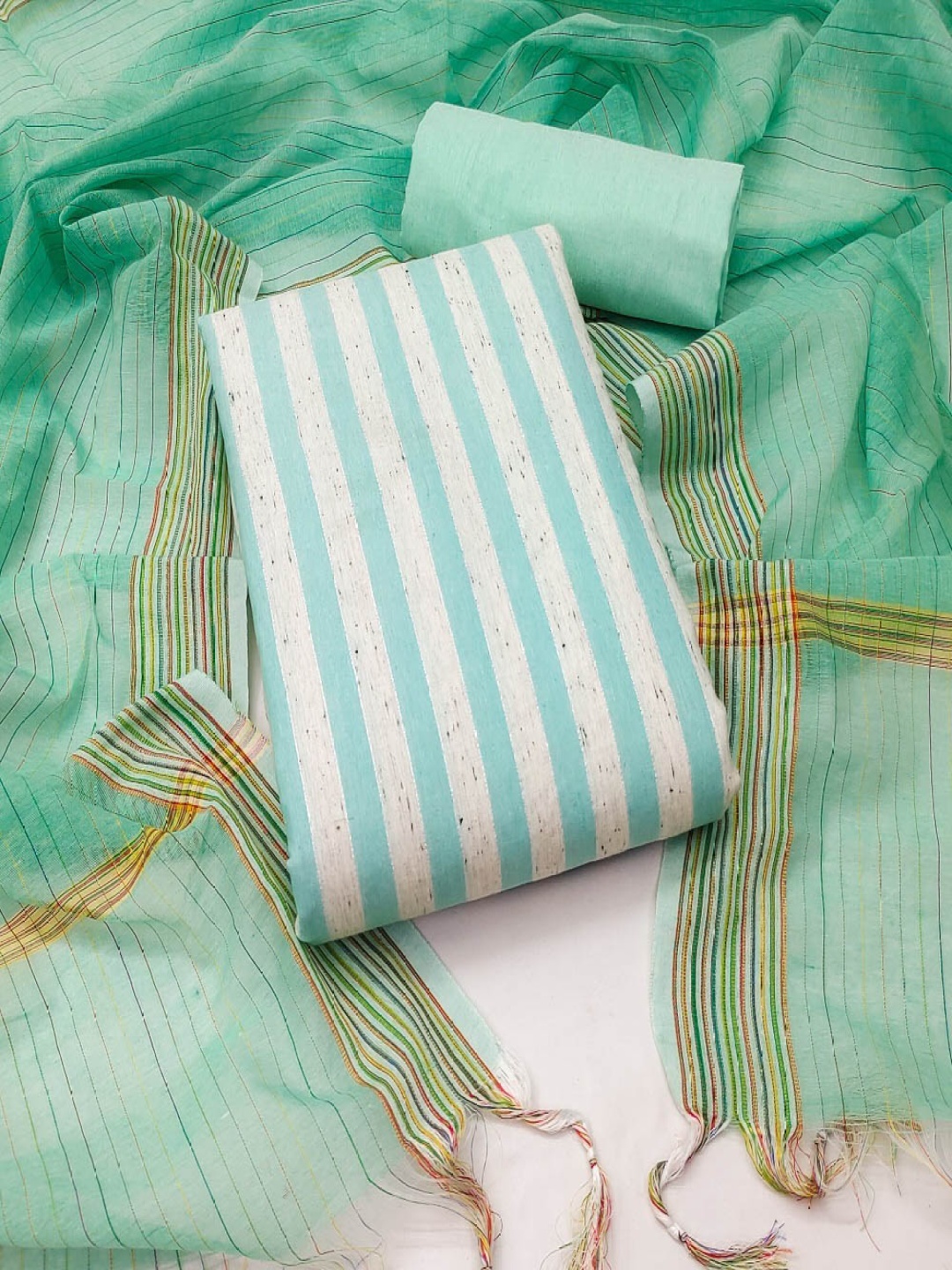 

Aika Striped Printed Pure Cotton Unstitched Dress Material, Green