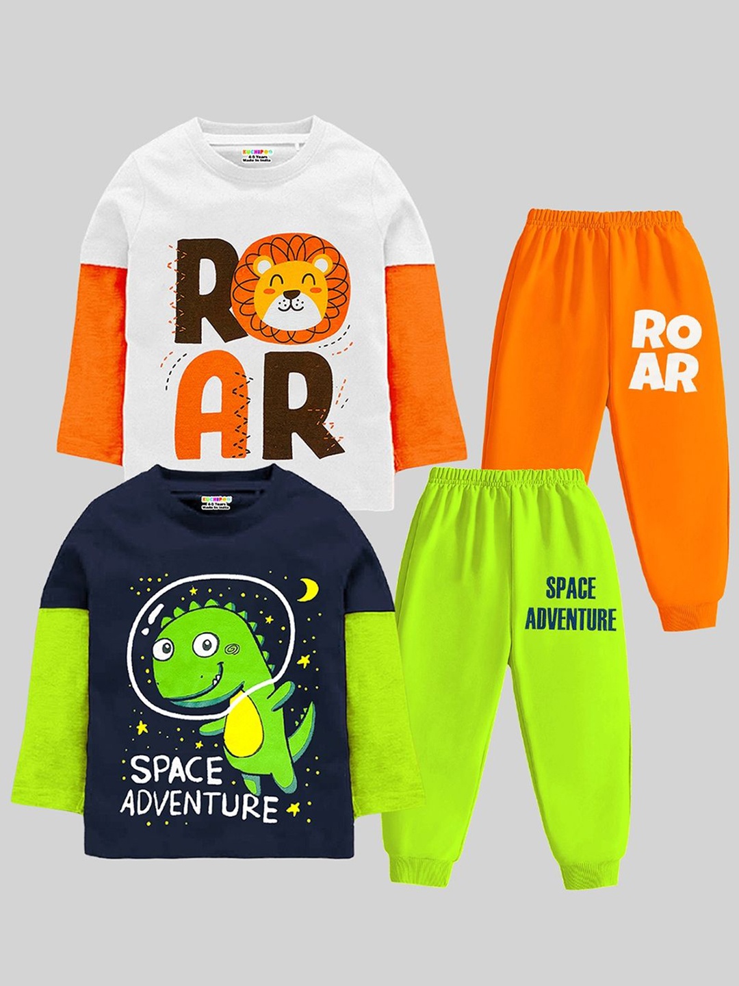 

KUCHIPOO Boys Pack Of 2 Printed Round Neck T-Shirts With Joggers, Navy blue
