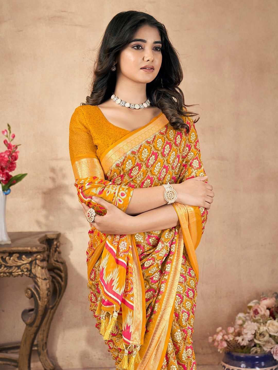 

all about you Floral Pure Chiffon Saree, Yellow