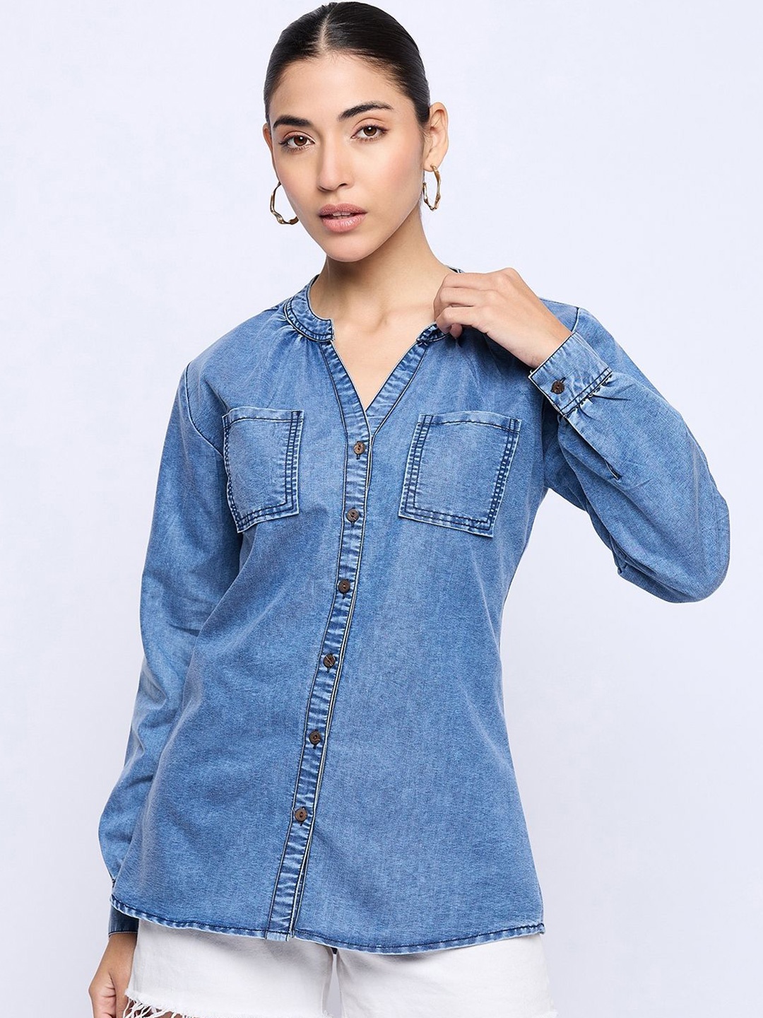 

BAESD Women Classic Fit Mandarin Collar Solid Denim Casual Shirt, Blue