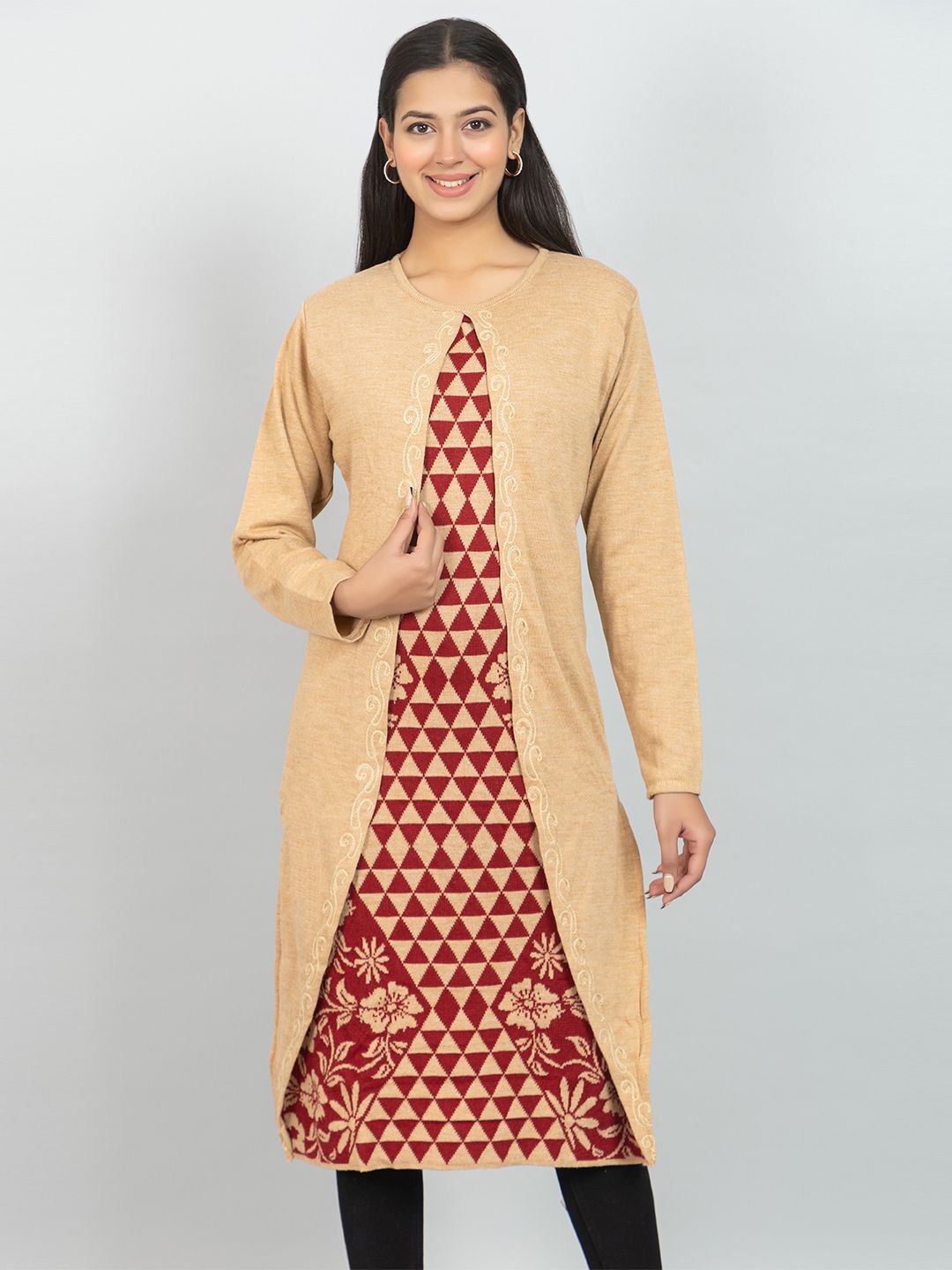 

Wool's Kart Women Woven Design Winter Kurta, Beige