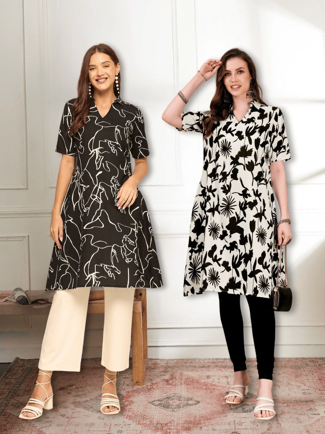 

Anouk Rustic Selection of 2 Abstract Printed Shirt Collar A-Line Kurtas, Black