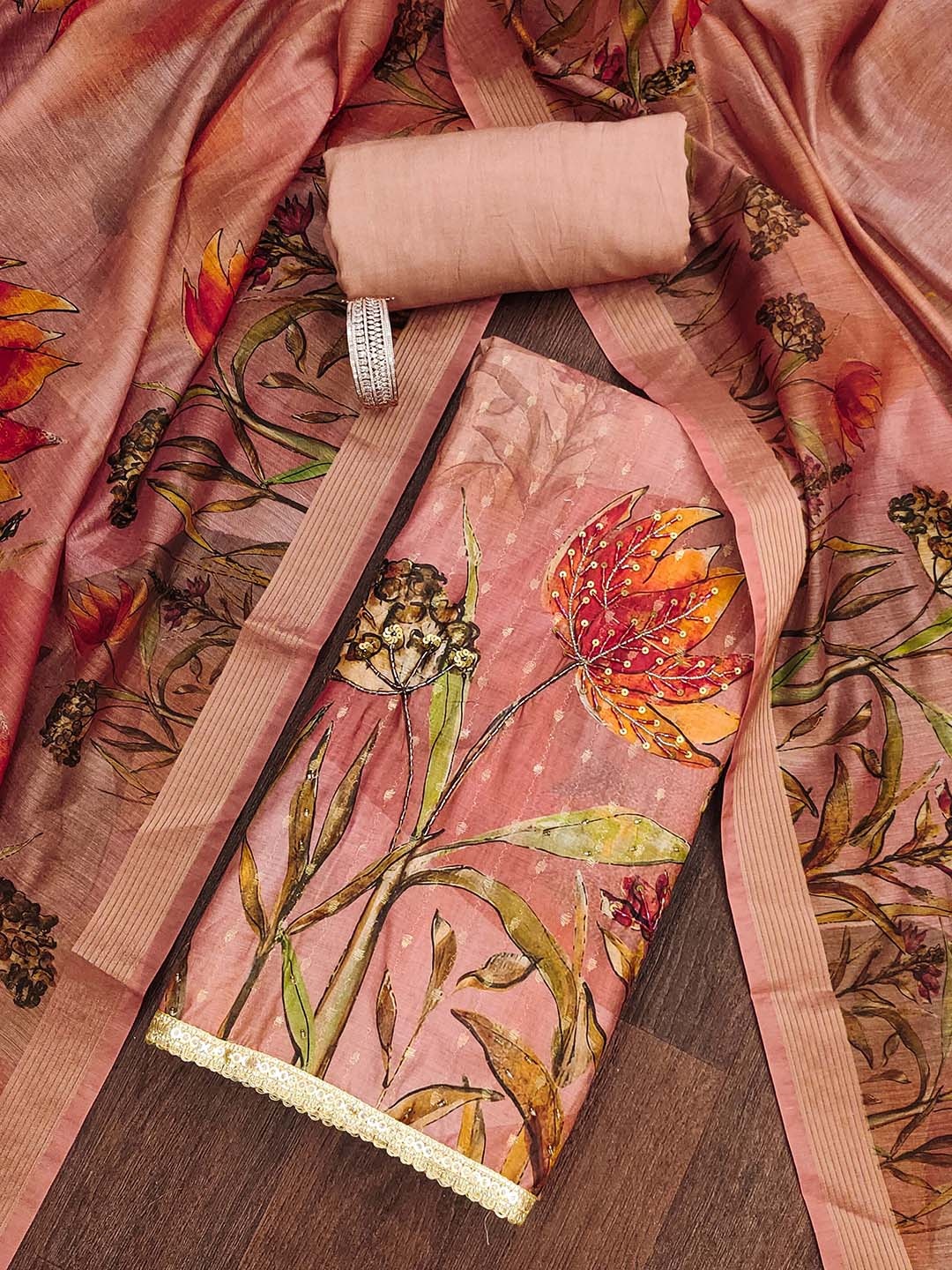 

HERE&NOW Floral Printed Embellished Cotton Jacquard Unstitched Dress Material, Peach