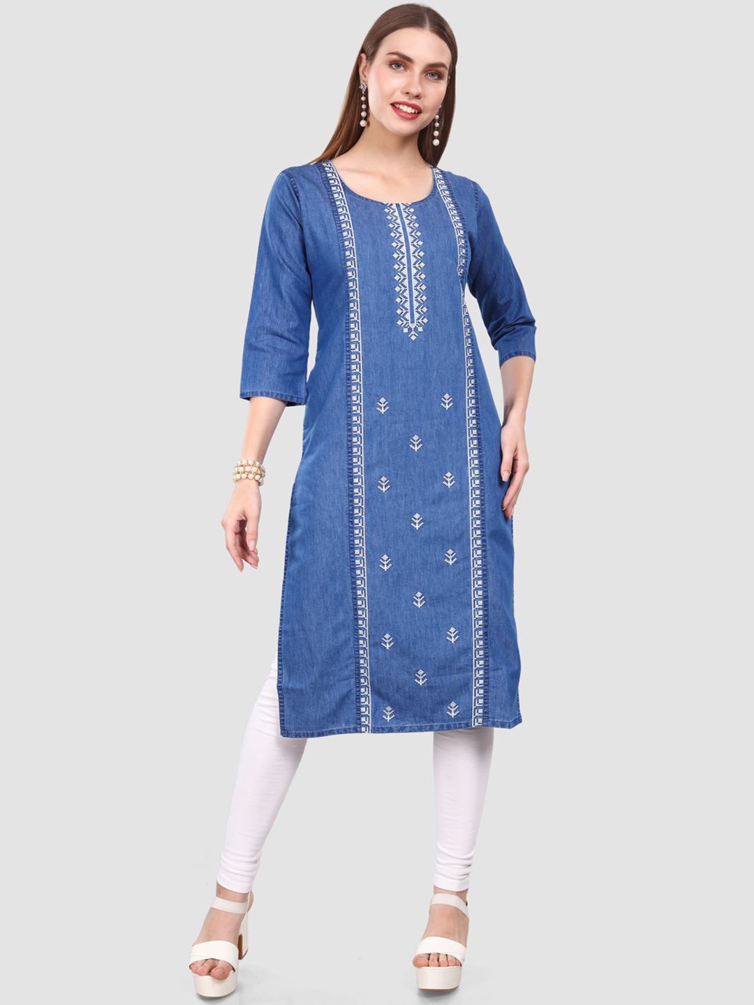 

SK Creation Floral Embroidered Denim Straight Kurta, Blue