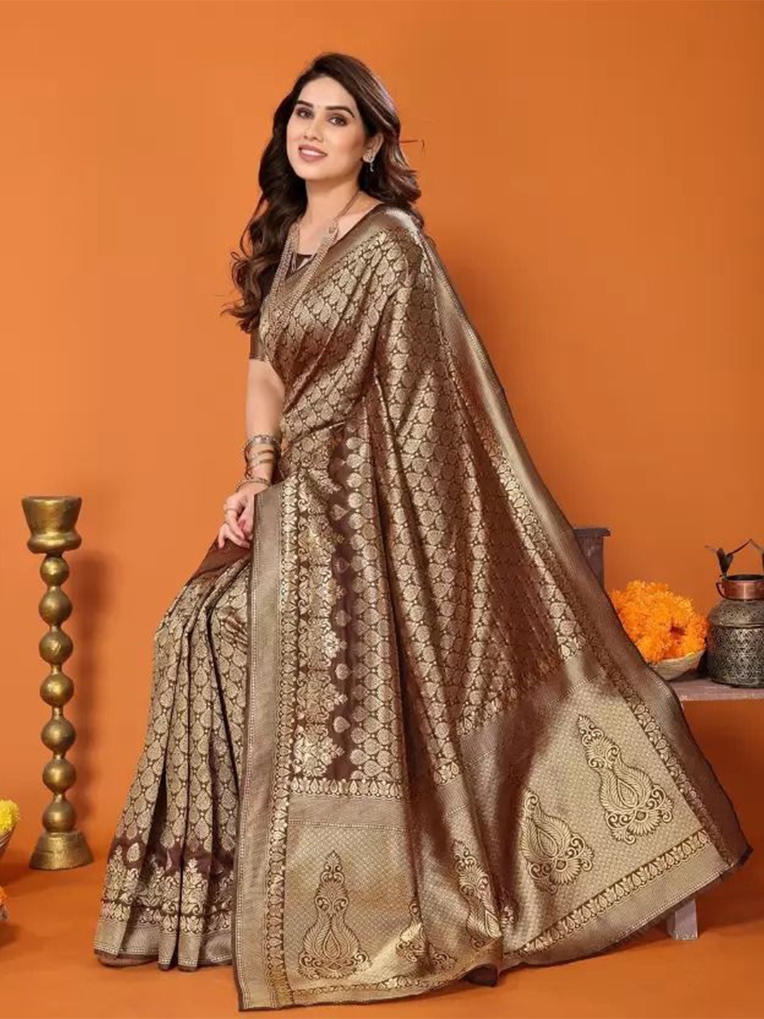 

KALINI Woven Design Pure Silk Saree, Brown