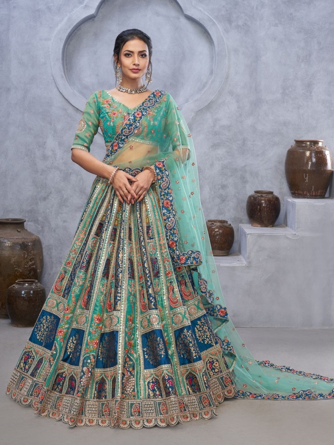 

ODETTE Embellished Thread Work Semi-Stitched Lehenga & Unstitched Blouse With Dupatta, Green