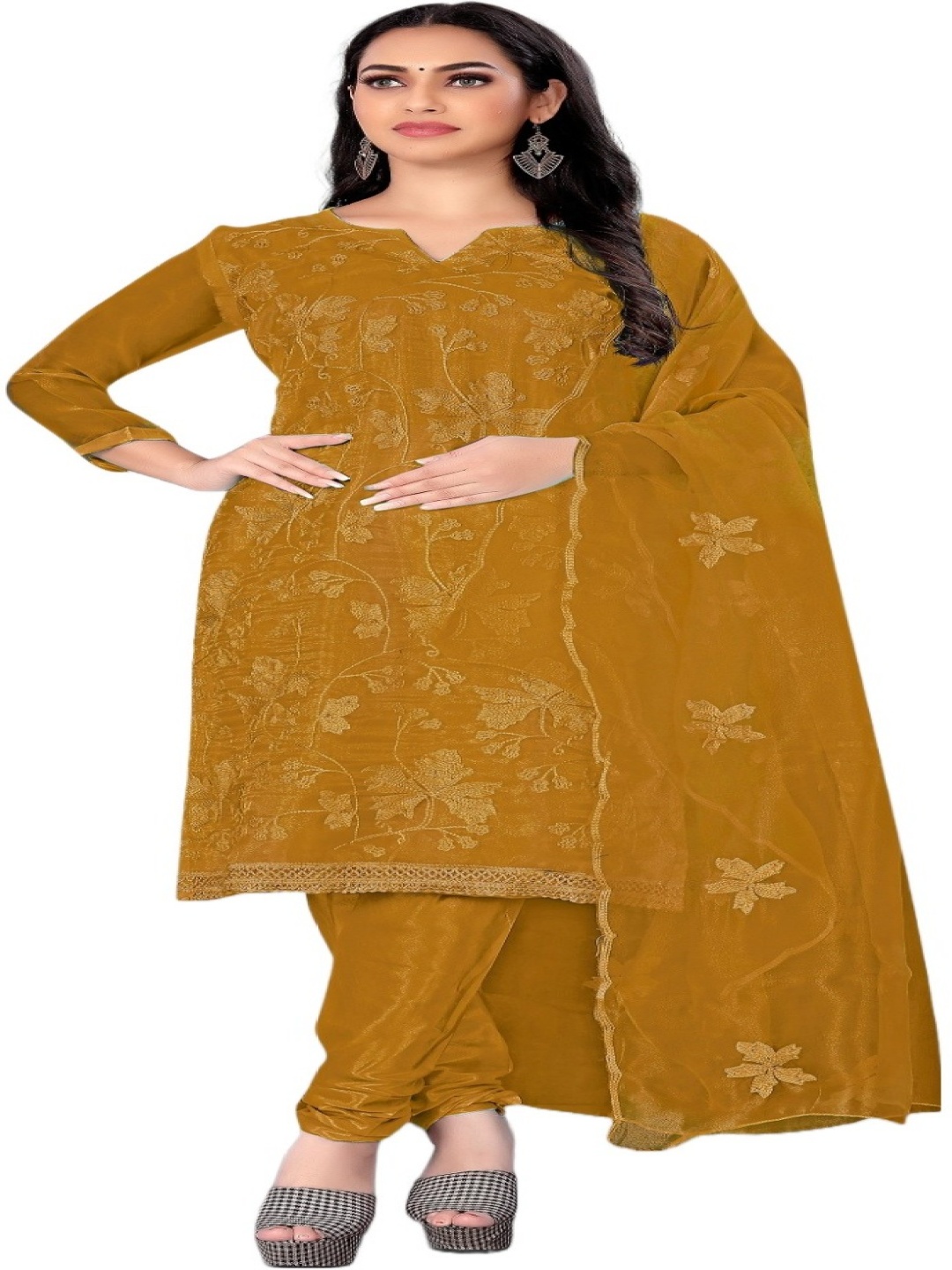 

Aika Floral Embroidered Organza Unstitched Dress Material, Mustard