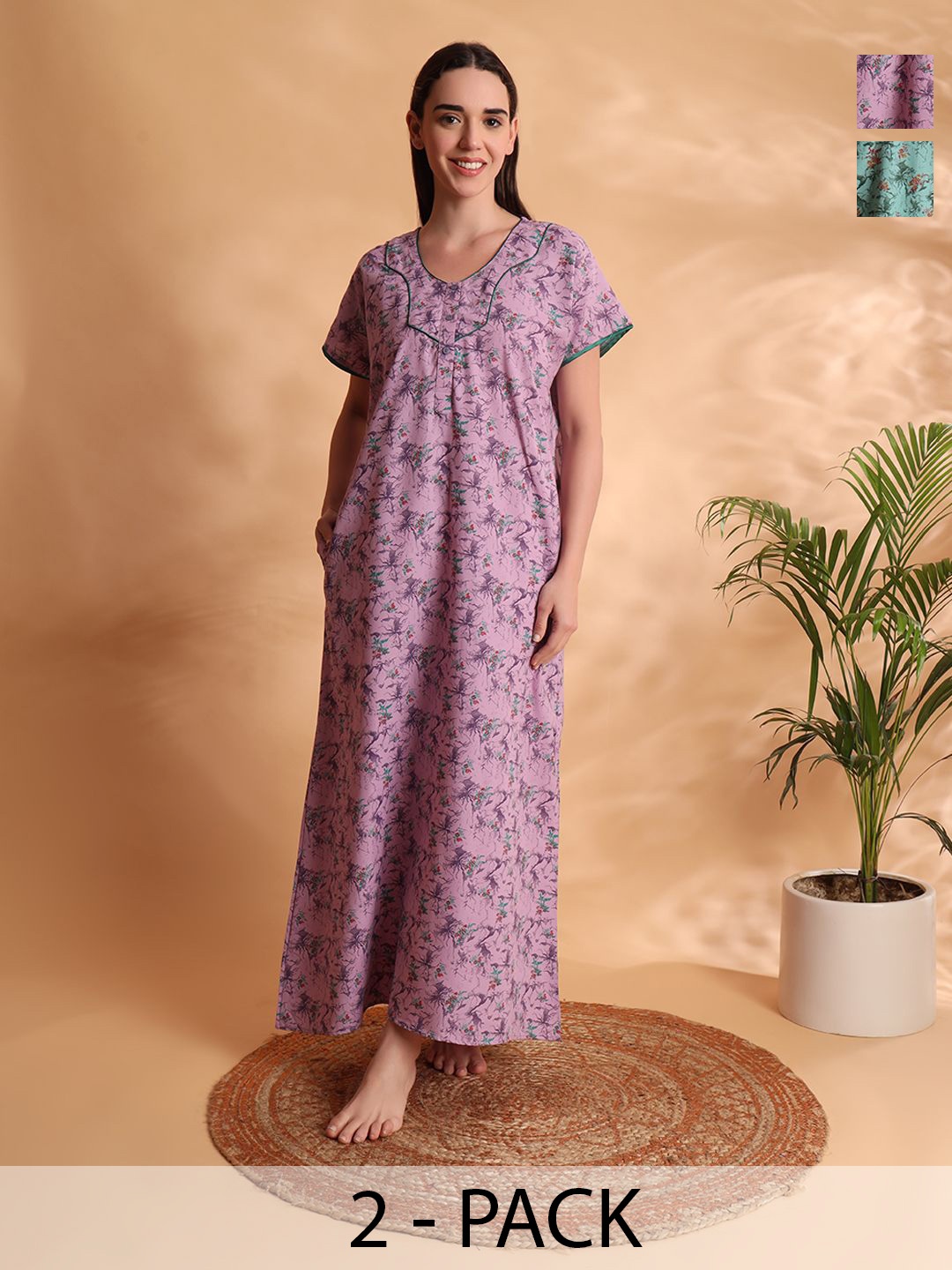 

G4Girl Women Pack of 2 Printed Maxi Nightdress, Green