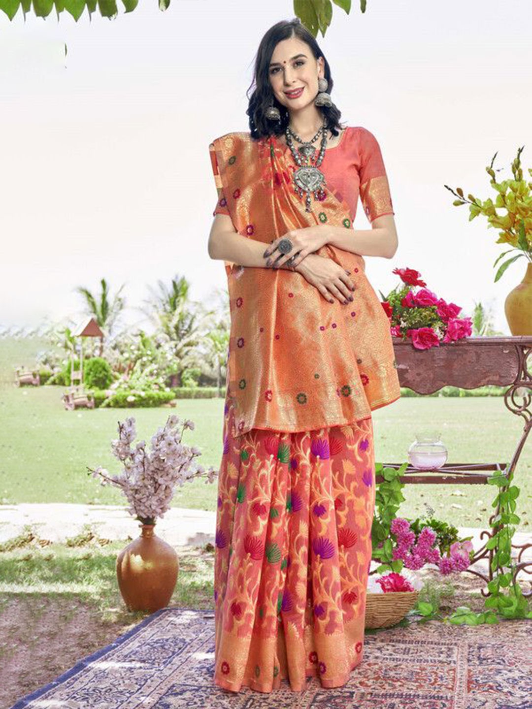 

sagarika Woven Design Zari Chanderi Saree, Peach