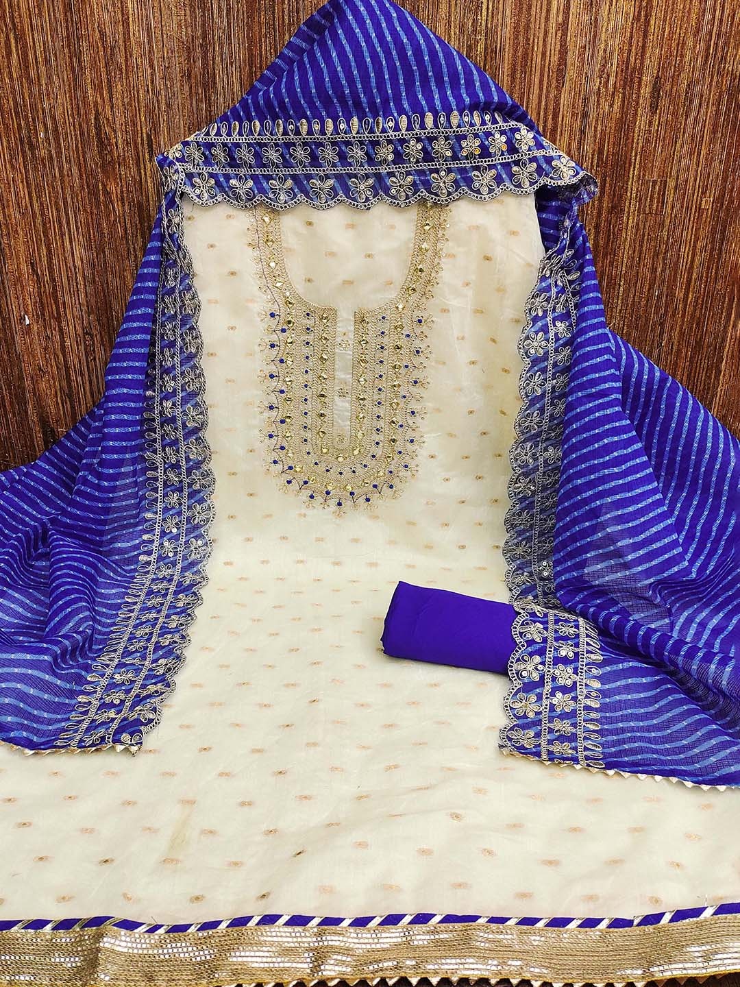 

HERE&NOW Floral Embroidered Chanderi Silk Unstitched Dress Material, White