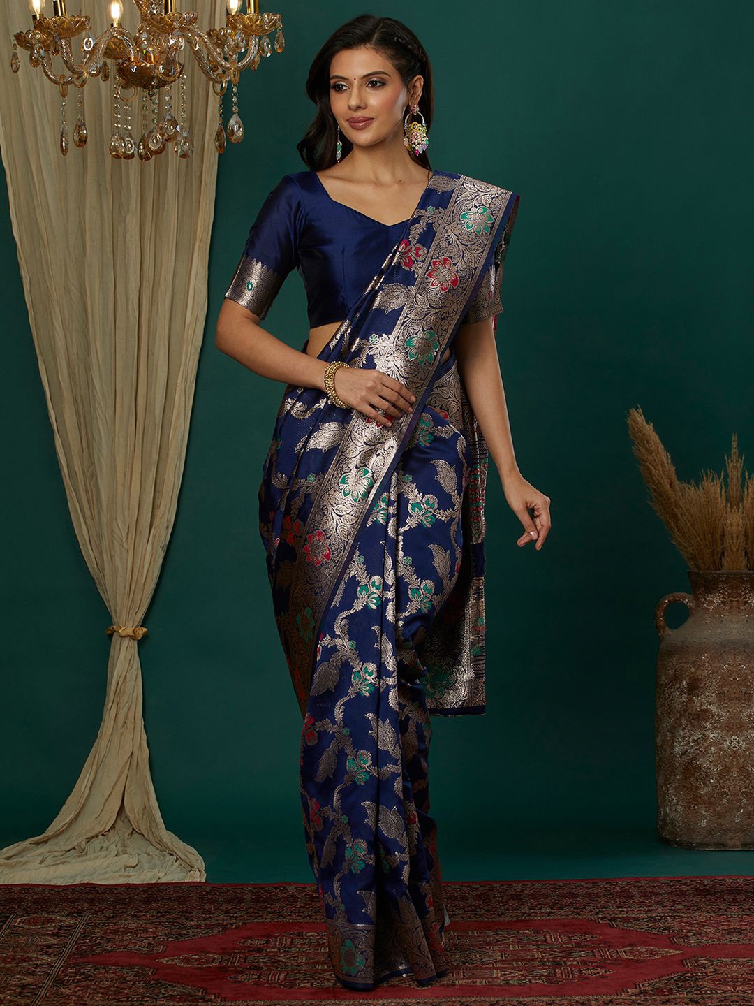 

Satrani Ethnic Motifs Zari Banarasi Saree, Navy blue