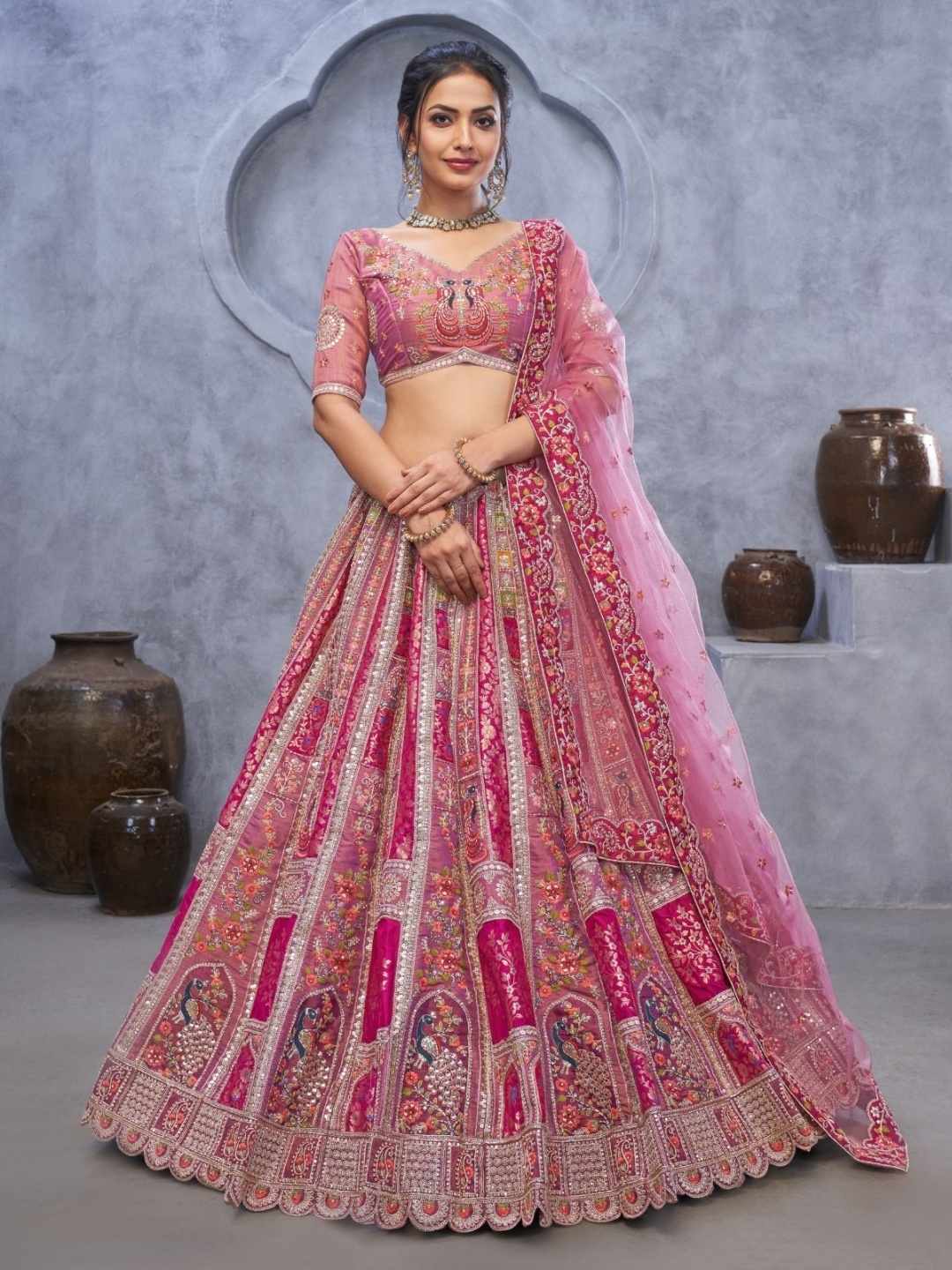 

ODETTE Embellished Sequinned Semi-Stitched Lehenga & Unstitched Blouse With Dupatta, Pink