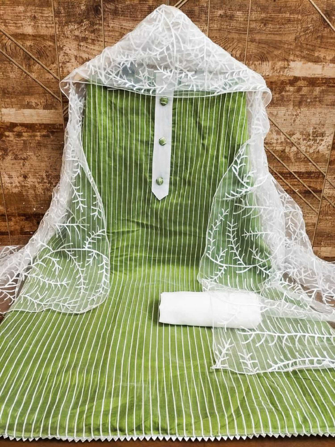 

Aika Striped Pure Cotton Unstitched Dress Material, Green