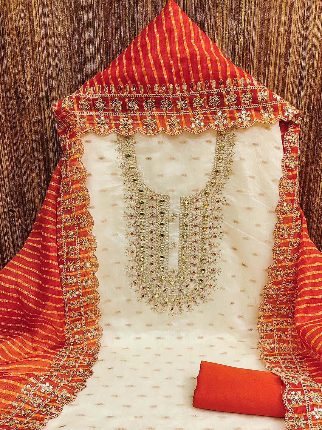 

HERE&NOW Floral Embroidered Chanderi Silk Unstitched Dress Material, White