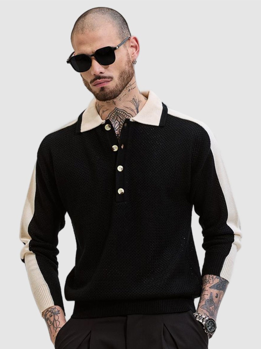 

Snitch Men Self Design Polo Collar Slim Fit Cotton T-shirt, Black