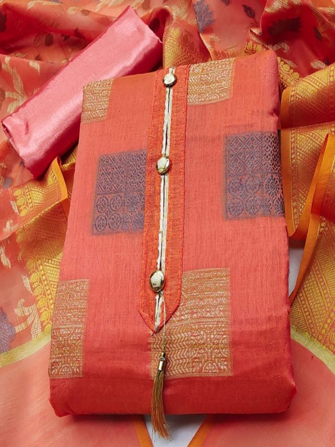 

Aika Geometric Woven Design Zari Embellished Pure Silk Unstitched Dress Material, Orange