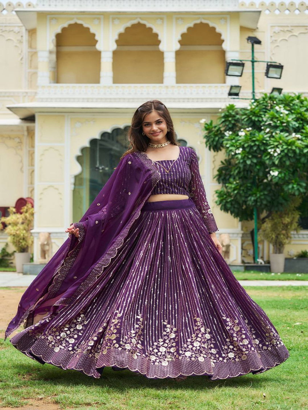 

Fashion Basket Embroidered Sequinned Ready to Wear Lehenga & Blouse With Dupatta, Purple
