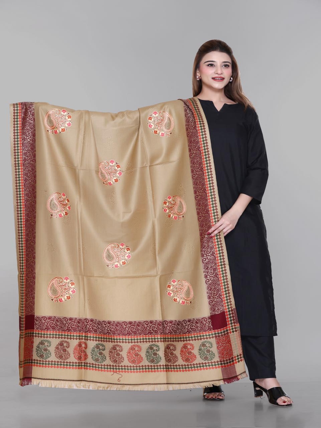 

Tones-N-Shades Floral Embroidered Thread Work Shawl, Beige