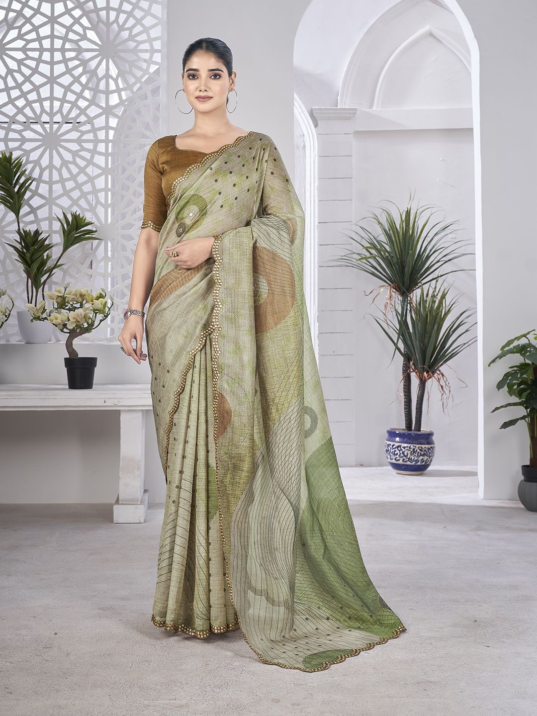 

all about you Mirror Work Border Organza Saree, Green