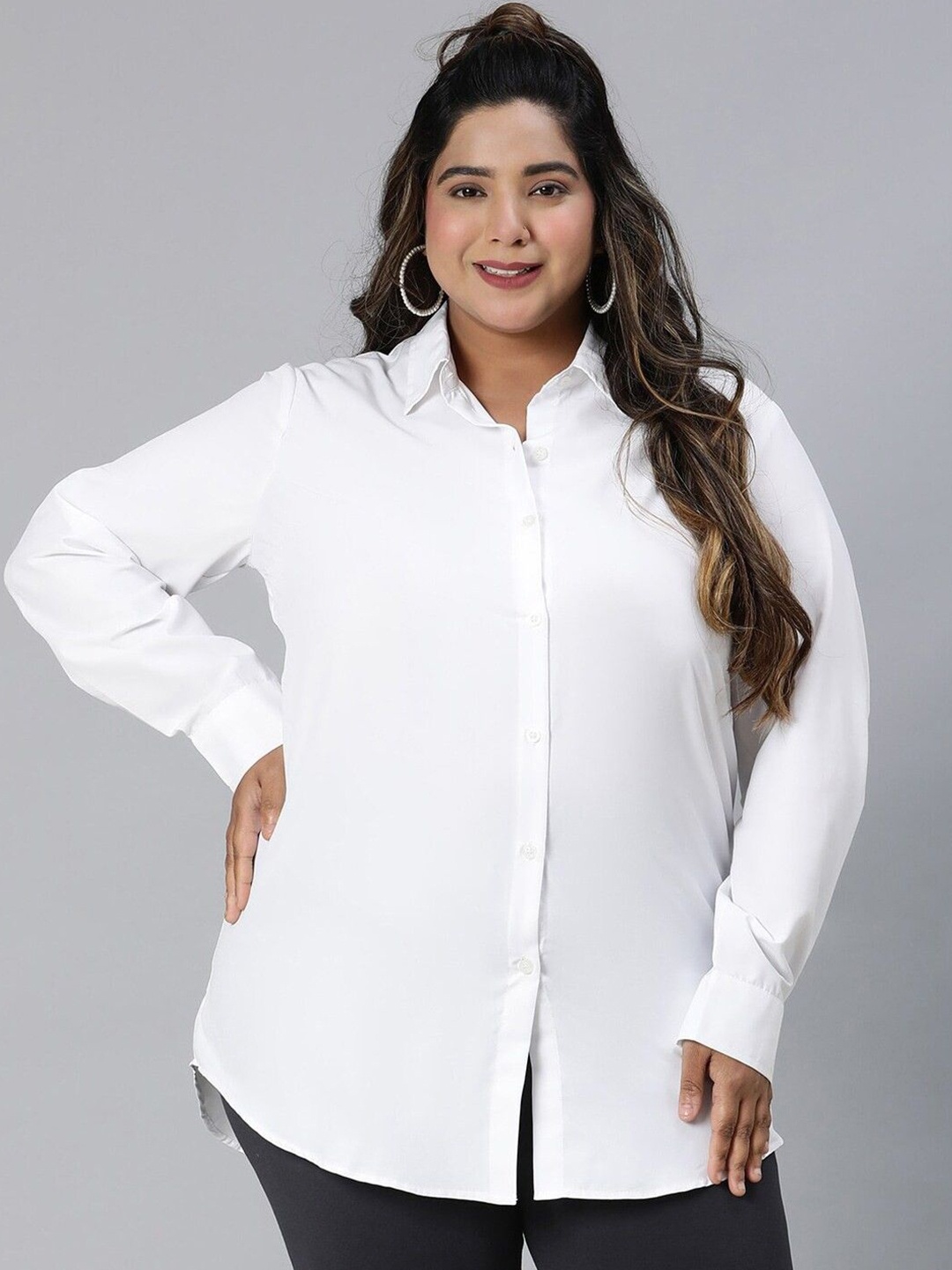 

WHY SO FAB Women Plus Size Comfort Oversized Fit Spread Collar Solid Cotton Casual Shirt, White