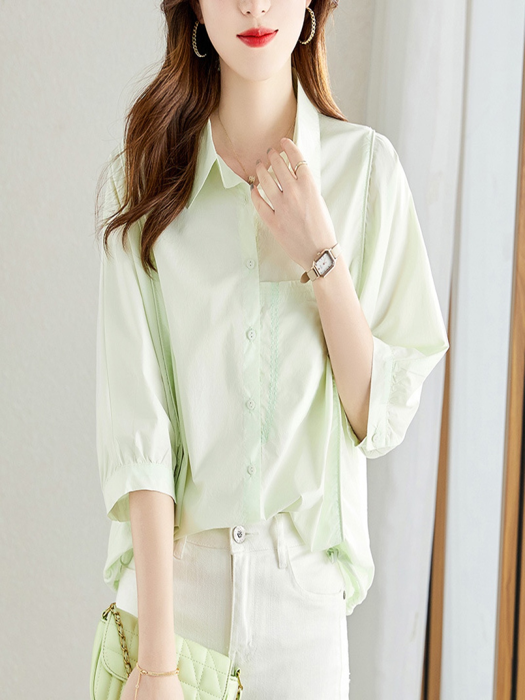 

StyleCast Women Spread Collar Solid Cotton Casual Shirt, Green