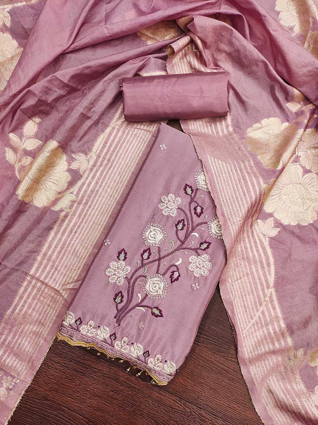 

HERE&NOW Floral Embroidered Chinon Silk Unstitched Dress Material, Lavender
