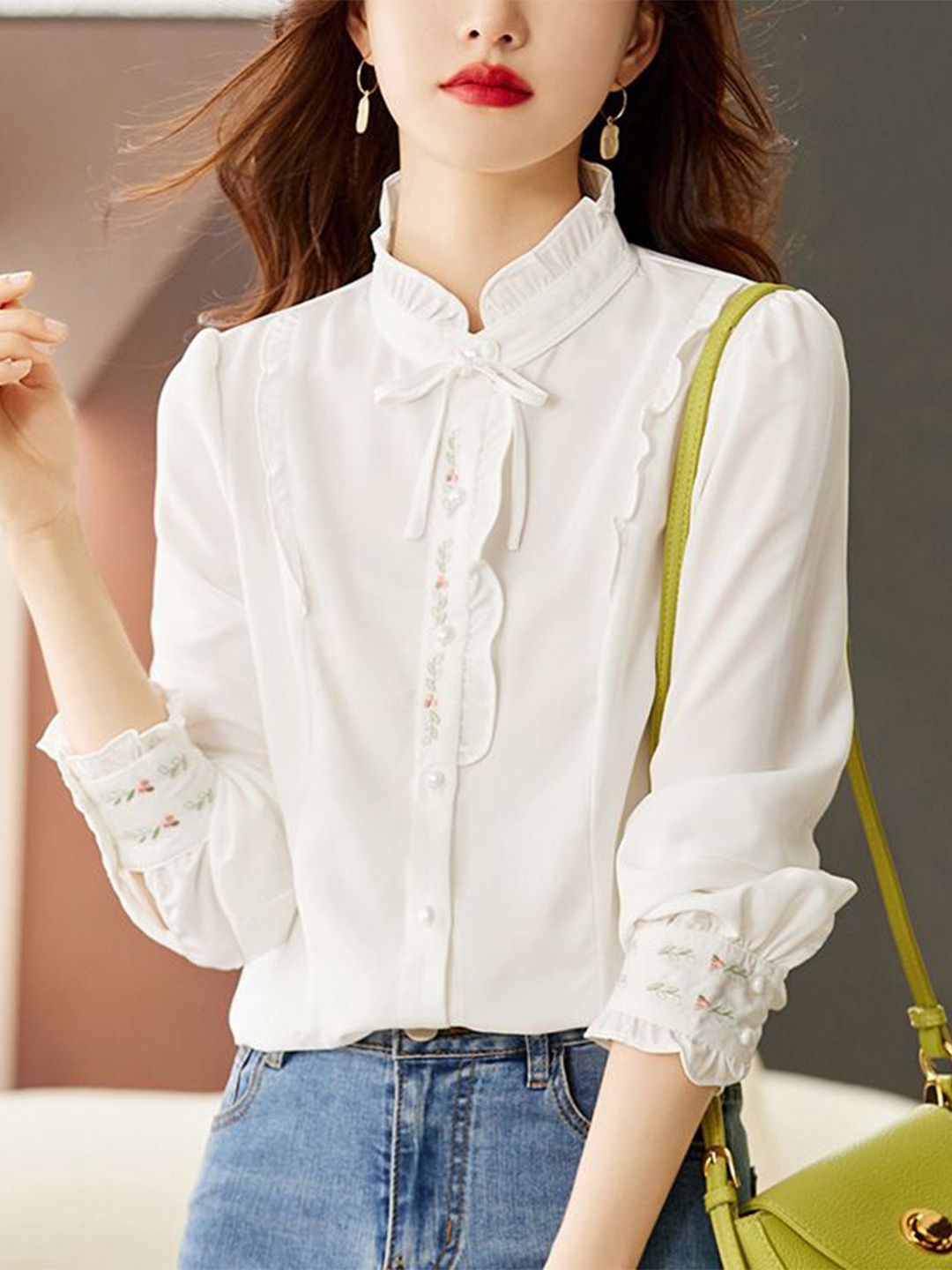 

StyleCast Women Solid Mandarin Collar Embroidered Cotton Casual Shirt, White