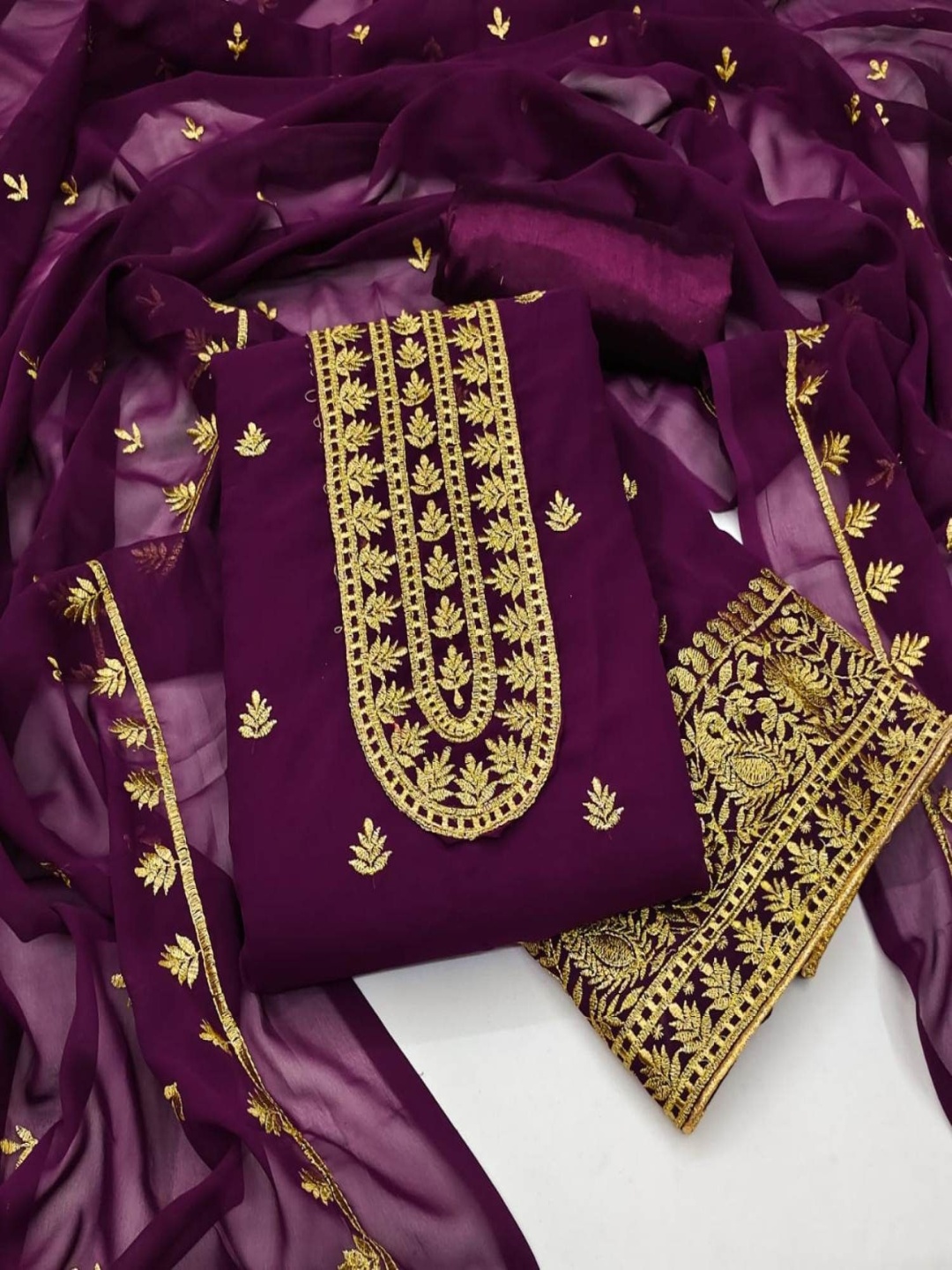 

Aika Floral Embroidered Silk Georgette Unstitched Dress Material, Purple