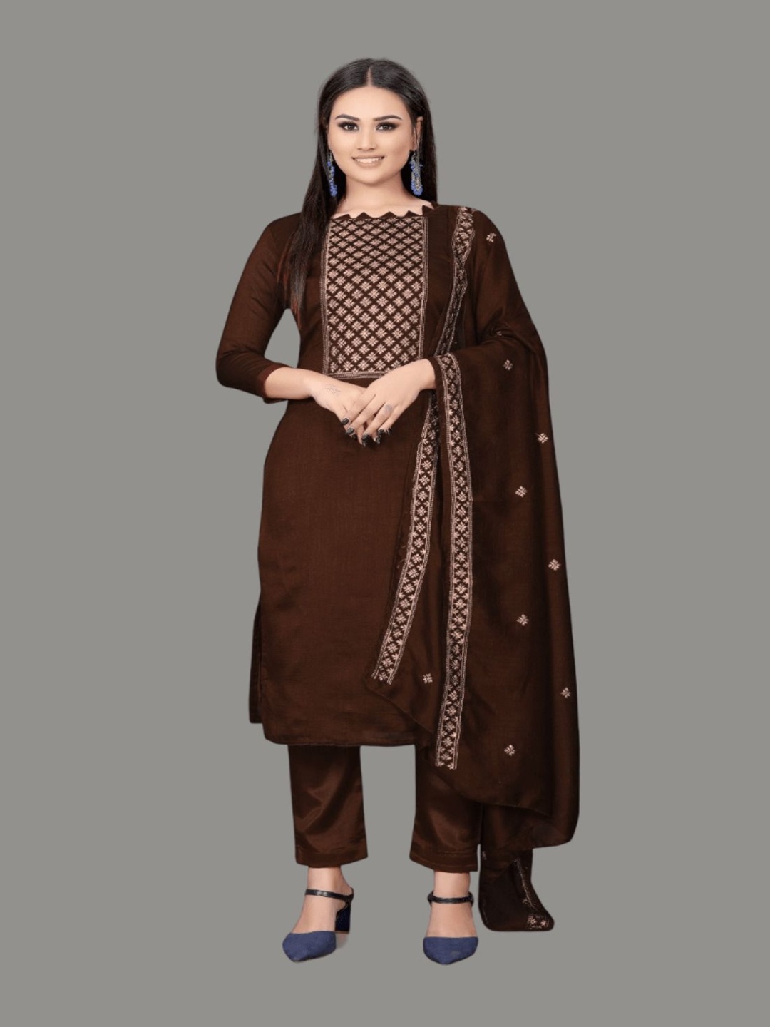 

Aika Geometric Zari Embellished Pure Silk Unstitched Dress Material, Brown