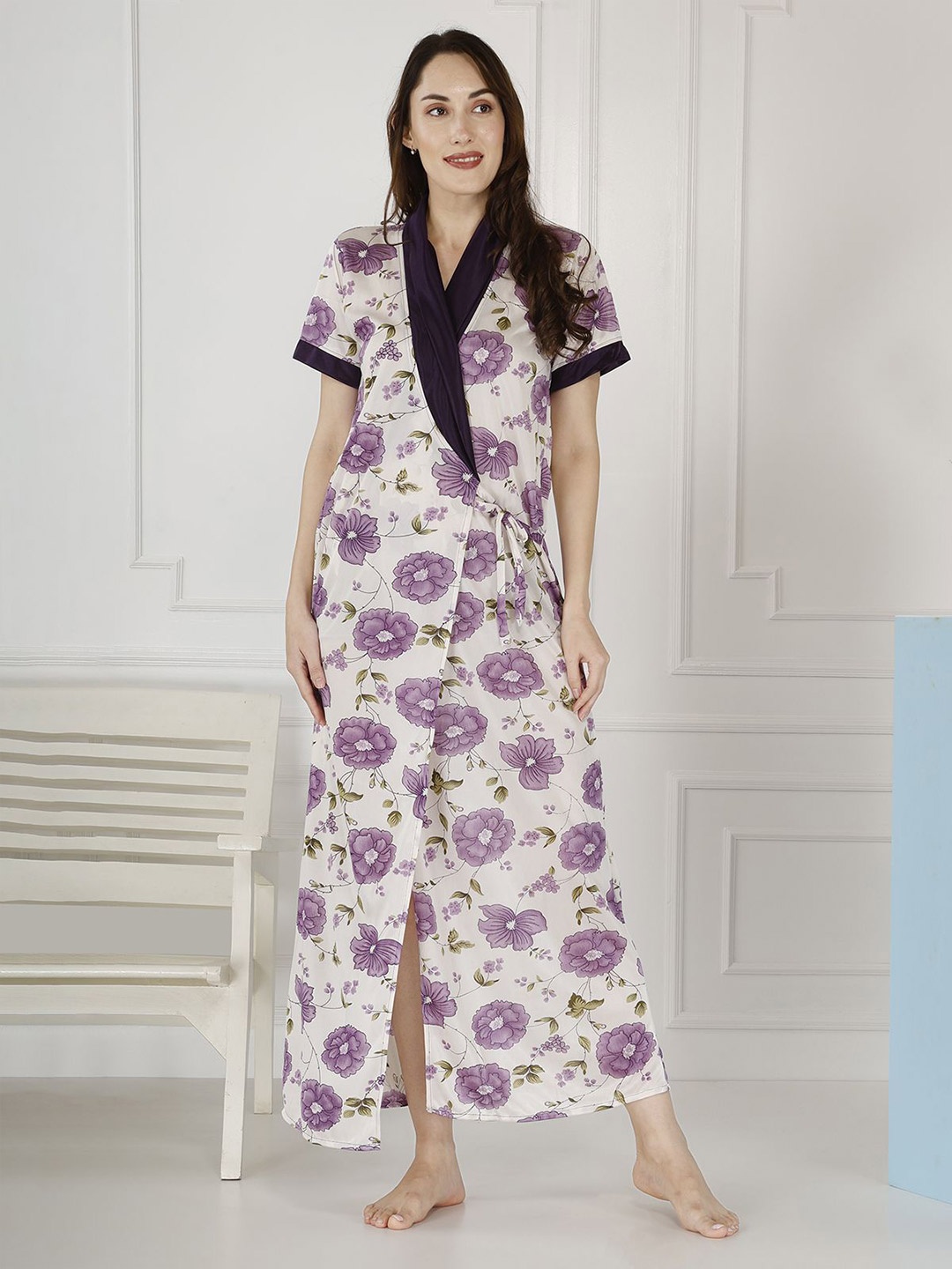 

Be You Women Satin Floral Printed Maxi Wrap Nightdress, White