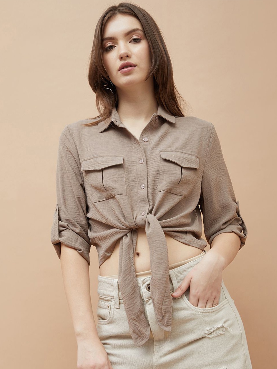 

Ginger by Lifestyle Women Spread Collar Solid Casual Shirt, Beige