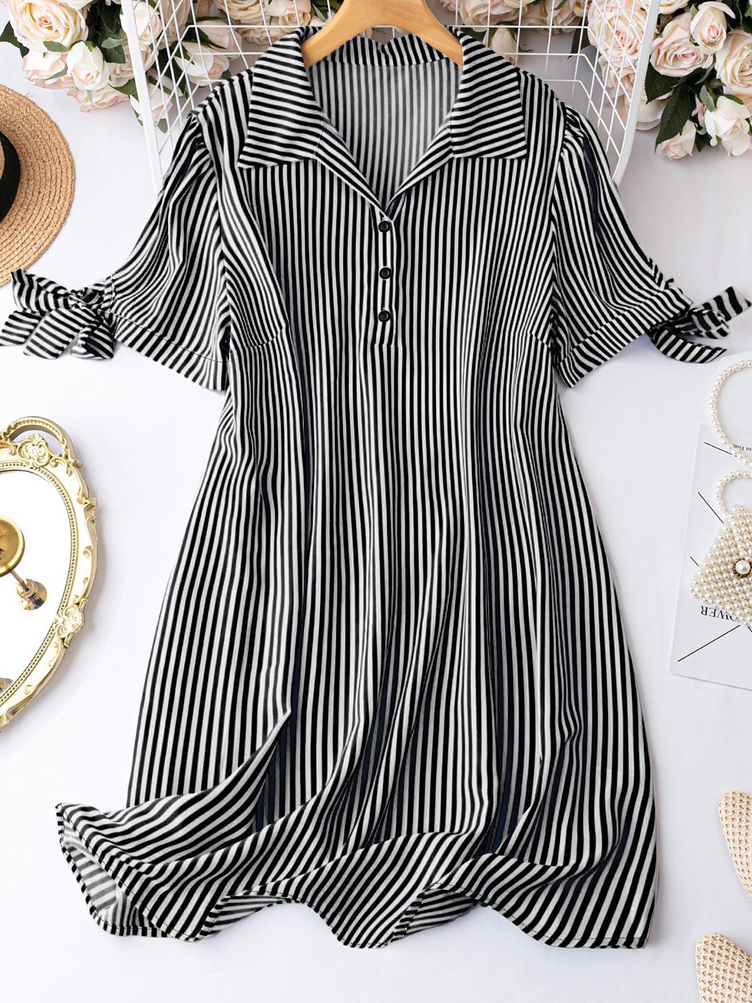 

Mast & Harbour Women Striped Shirt Collar A-Line Dress, Black