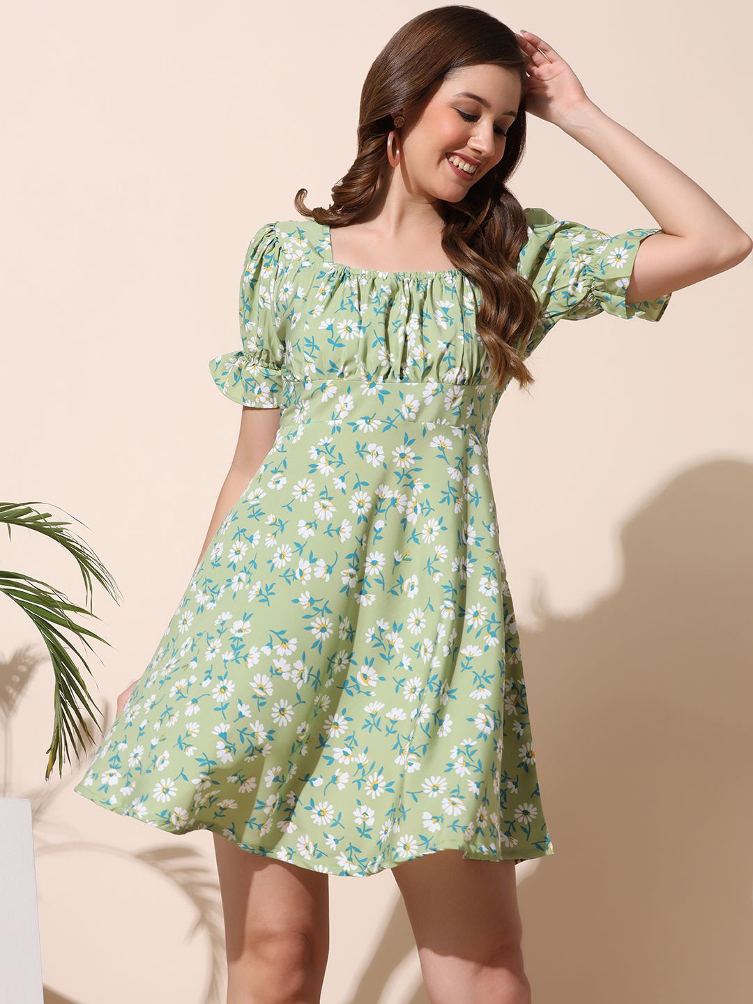 

BAESD Women Floral Printed Cotton Fit & Flare Above Knee Dress, Green