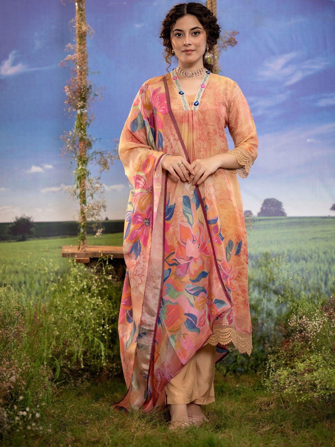 

FREYAA Floral Embroidered Fit & Flare Midi Dress, Multi
