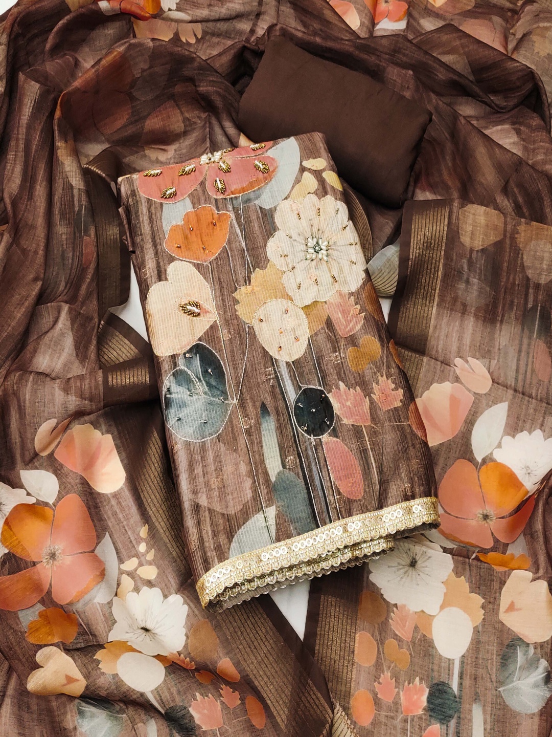 

HERE&NOW Floral Printed Beads And Stones Organza Unstitched Dress Material, Brown