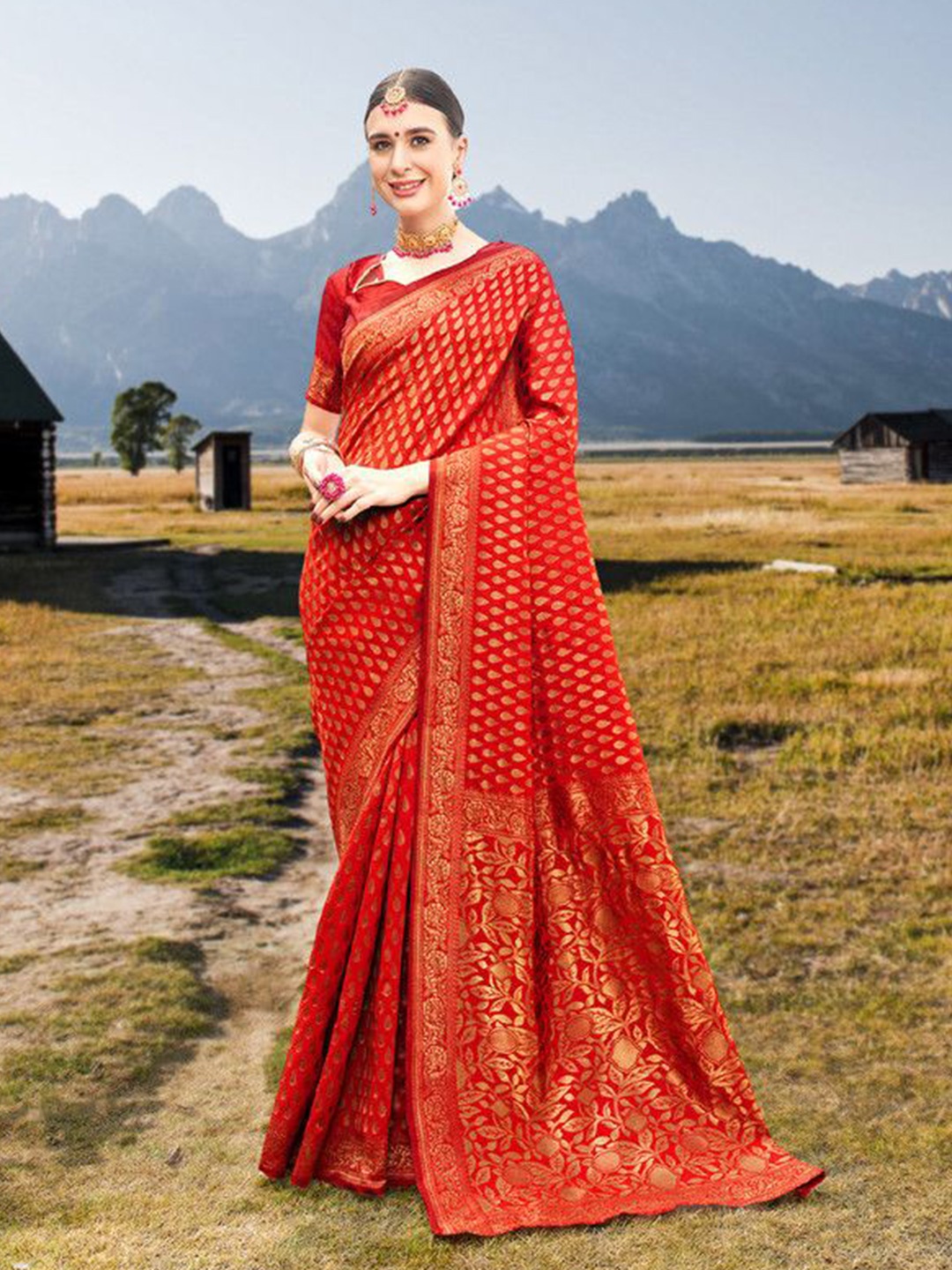 

sagarika Ethnic Motifs Zari Banarasi Saree, Red