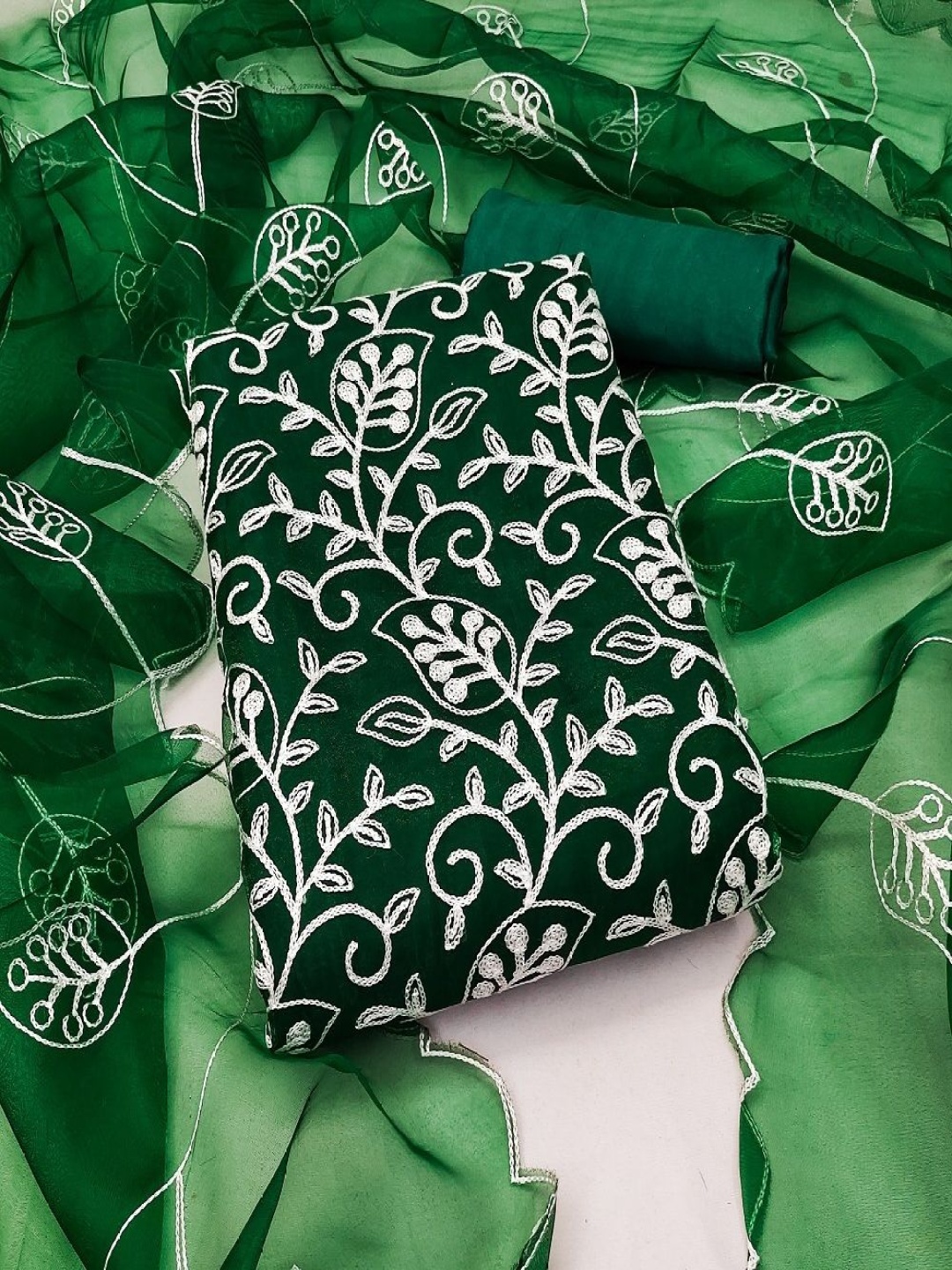 

Aika Floral Embroidered Organza Unstitched Dress Material, Green
