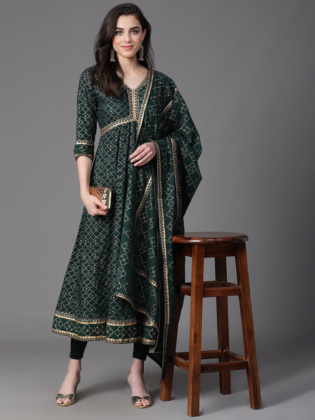 

VEGAL Print Fit & Flare Maxi Dress, Green