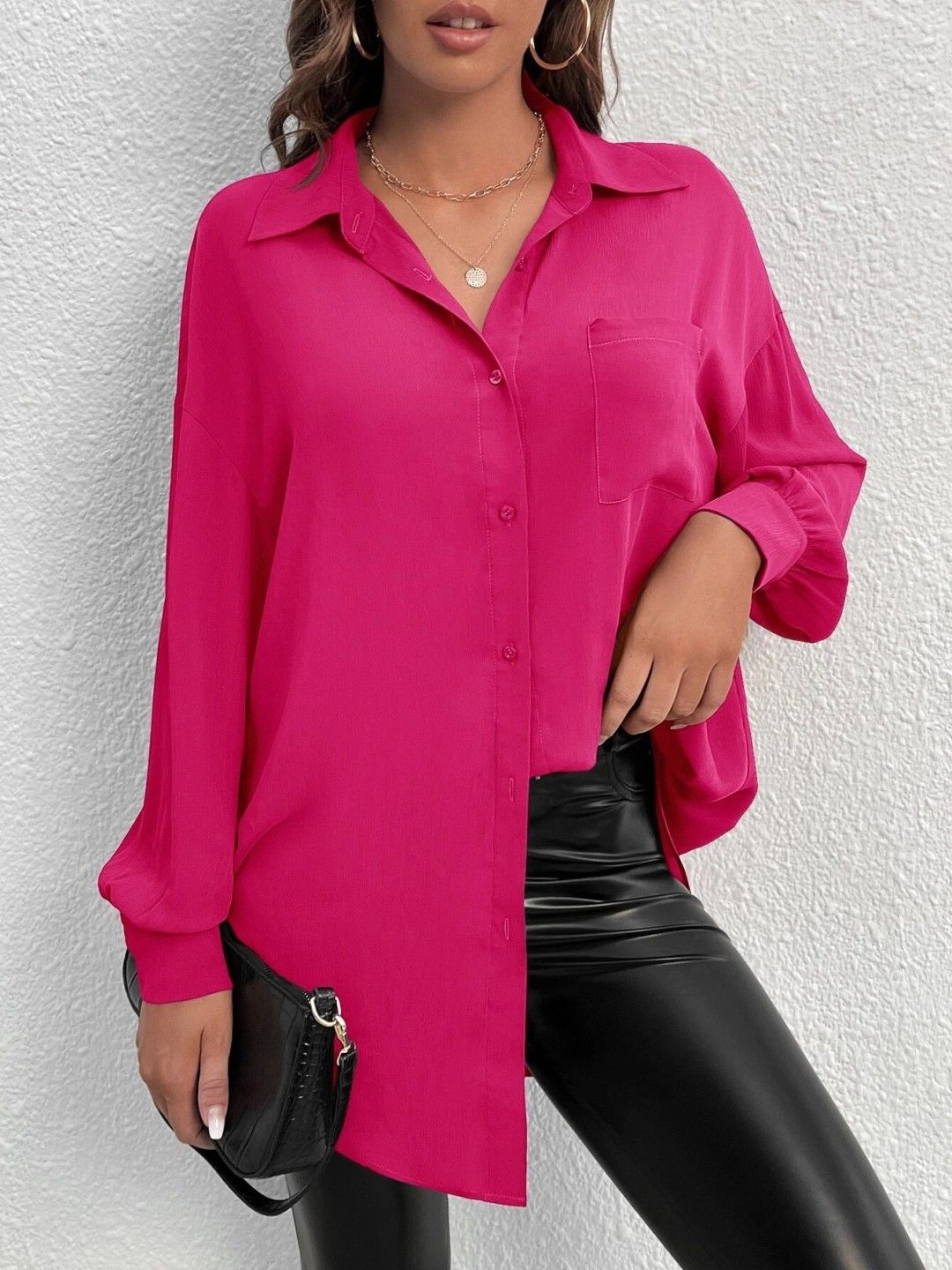 

WHY SO FAB Women Comfort Oversized Fit Spread Collar Solid Cotton Casual Shirt, Pink