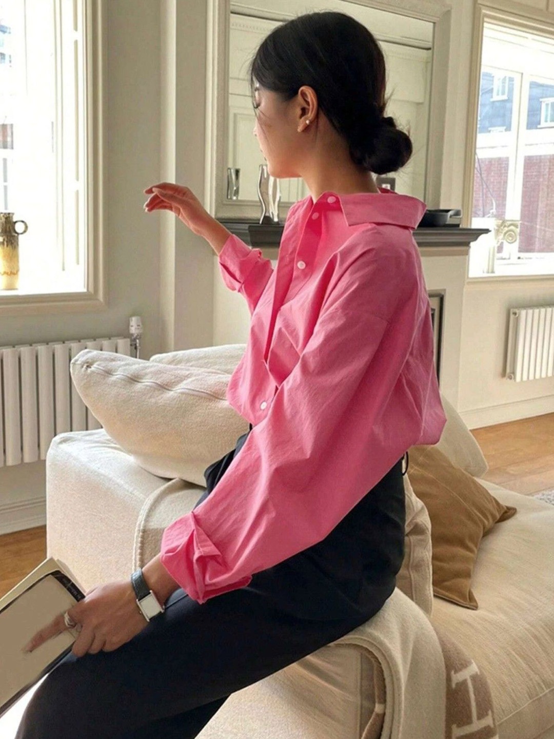 

WHY SO FAB Women Comfort Relaxed Fit Spread Collar Solid Cotton Casual Shirt, Pink